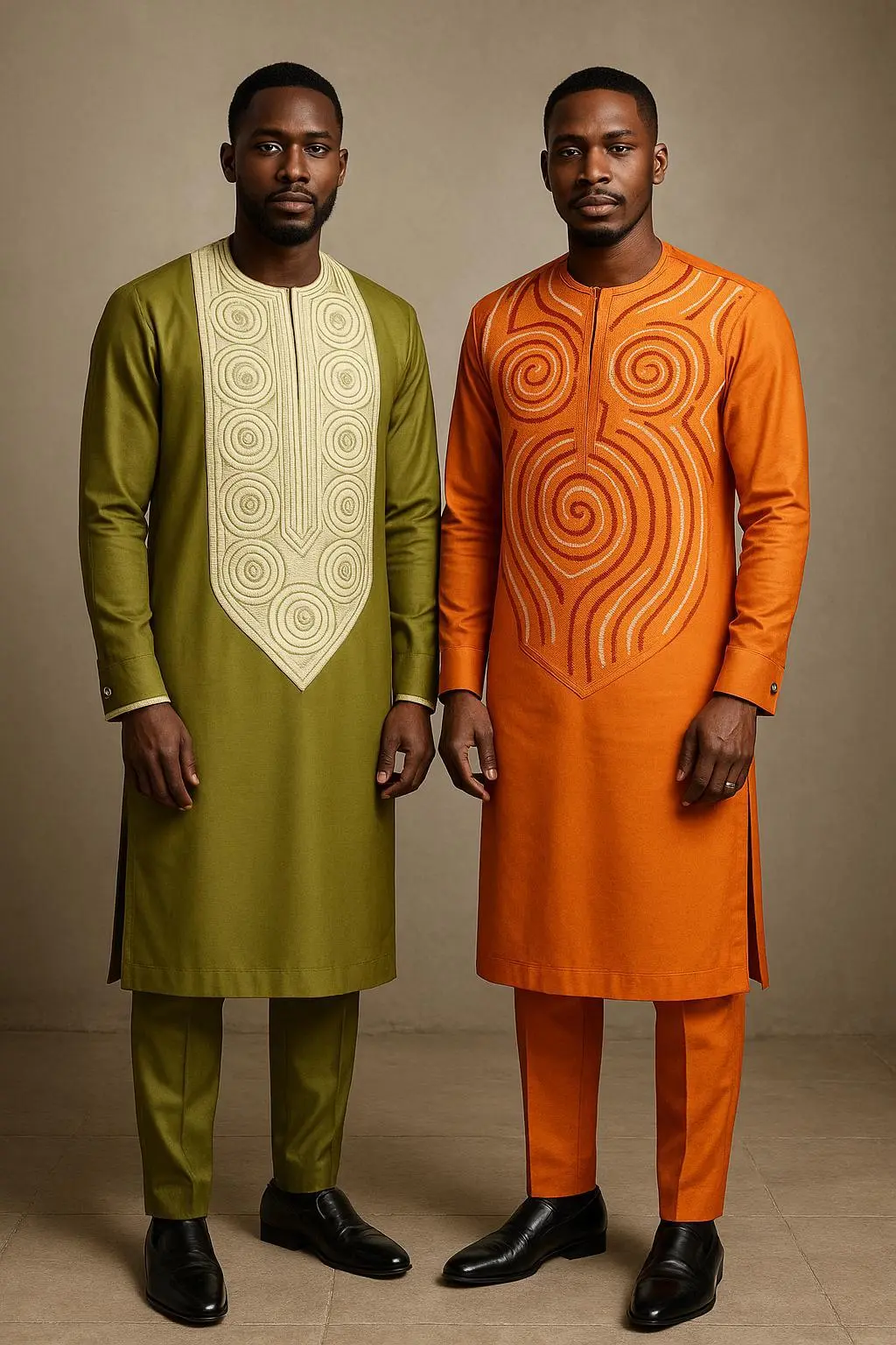 Tunique traditionnelle masculine de style africain, inspirée des tenues "senator" nigérianes, confectionnée dans un tissu fluide et raffiné en coton satiné, ornée d’un motif brodé de haute qualité.